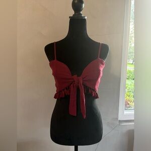 American Threads boho tie front spaghetti crop top with fringe garnet red small